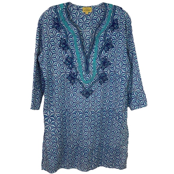 Roberta Roller Rabbit - Cotton, Embroidered Tunic Top, Geometric - Size S, Blue - Picture 1 of 16